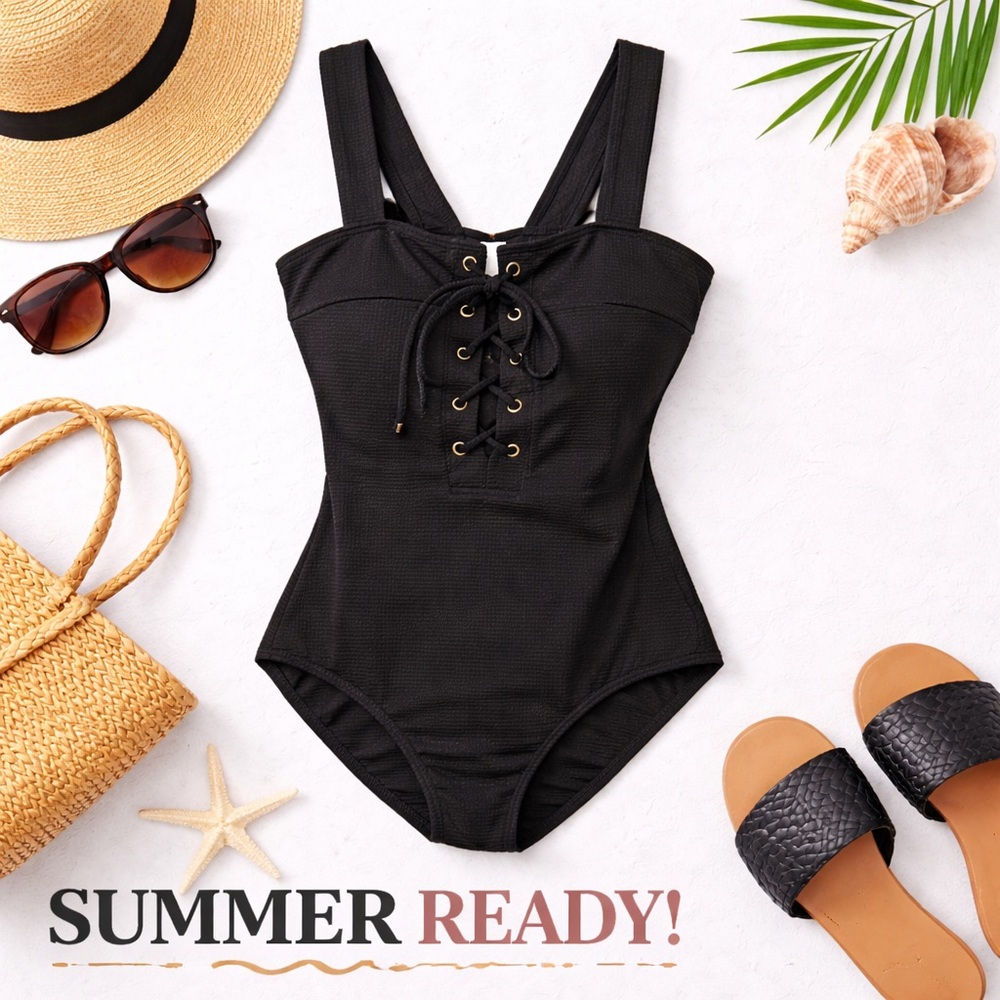 Primark Black Lace Up One Piece Swimsuit | Textured Bathing Suit | Size 10